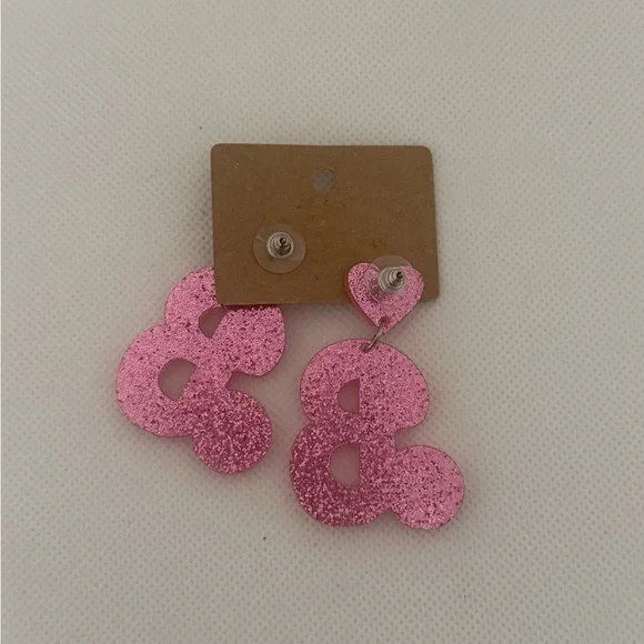 Barbie Pink Glitter ‘B’ Earrings – Heart Accent Dangle Statement Jewelry – NWT - Picture 5 of 6